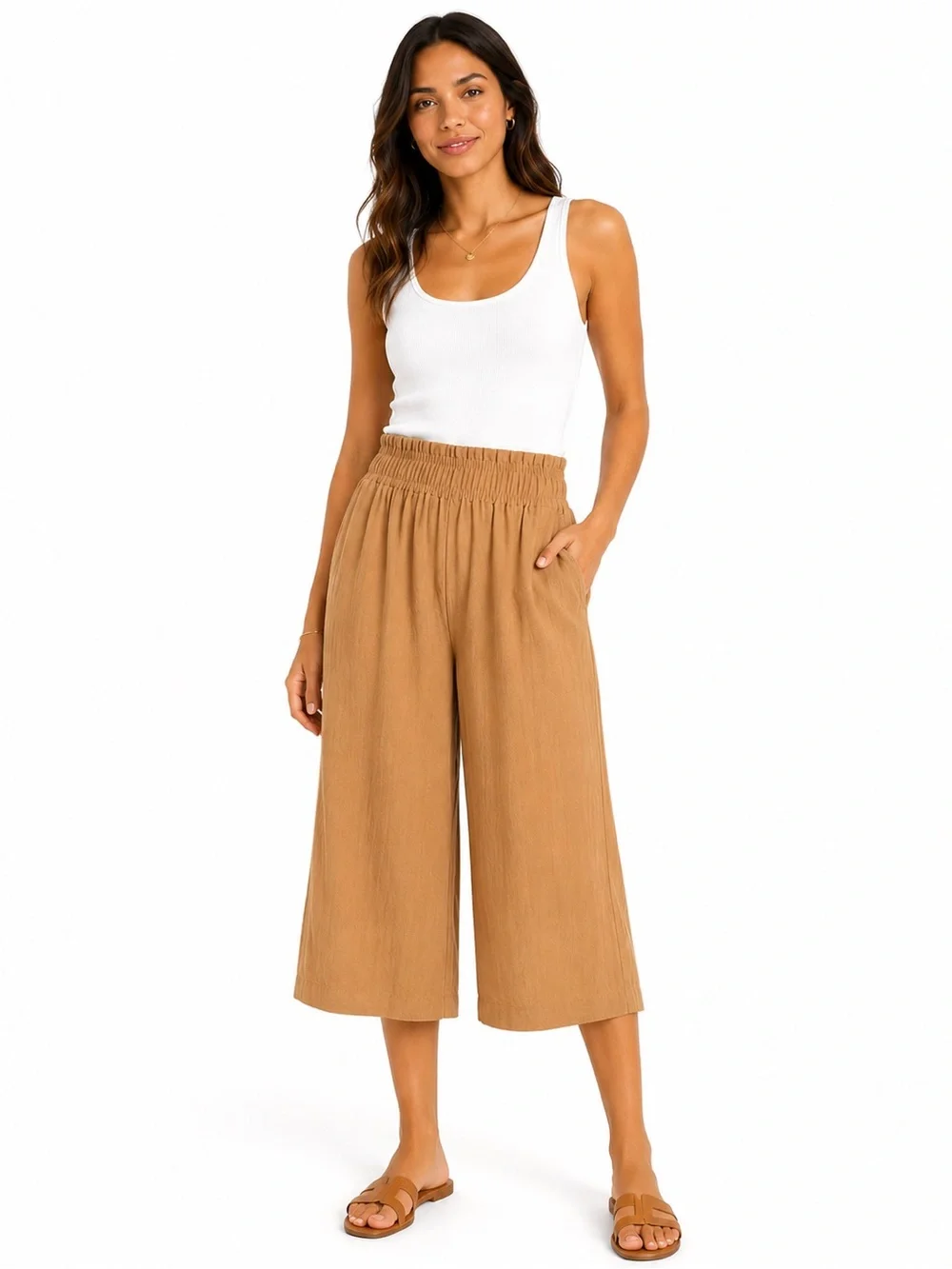 H&M Camel Brown Wide Leg Cropped Pull-On Pants XS | Elastic Waist